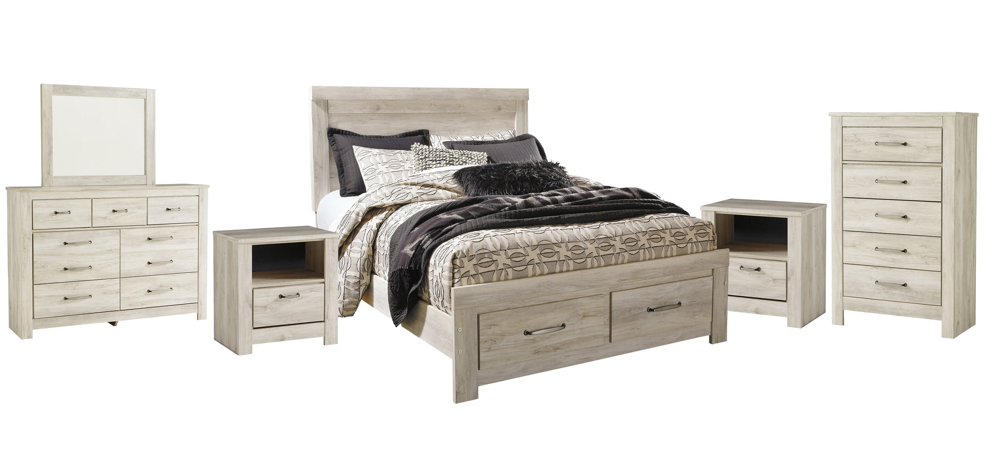 Bellaby Queen Platform Bed with 2 Storage Drawers with Mirrored Dresser, Chest and 2 Nightstands at Towne & Country Furniture (AL) furniture, home furniture, home decor, sofa, bedding