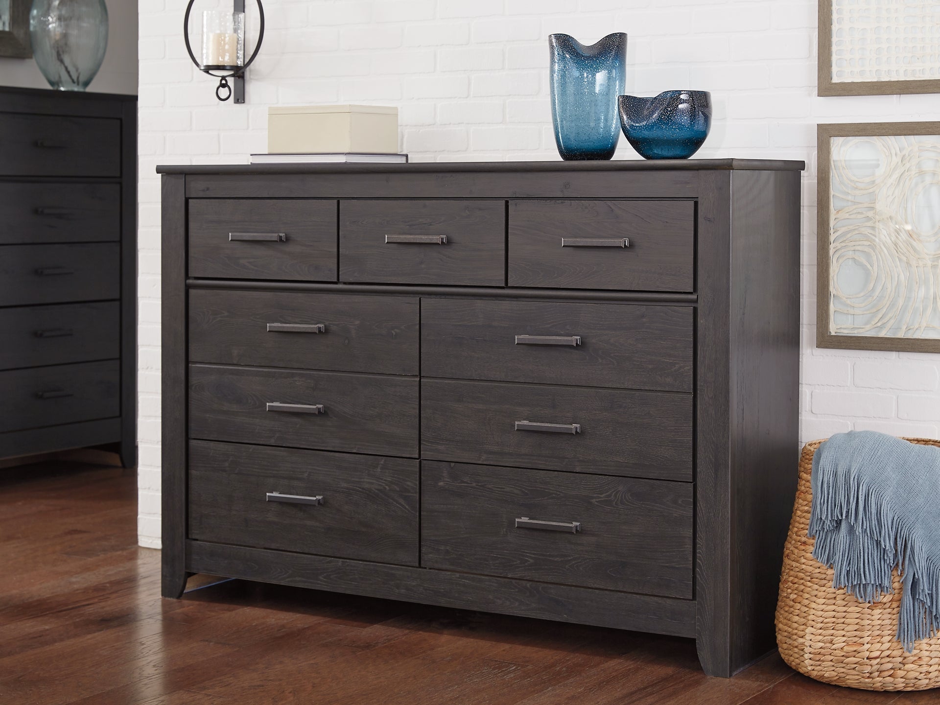 Brinxton Queen/Full Panel Headboard with Mirrored Dresser and 2 Nightstands at Towne & Country Furniture (AL) furniture, home furniture, home decor, sofa, bedding
