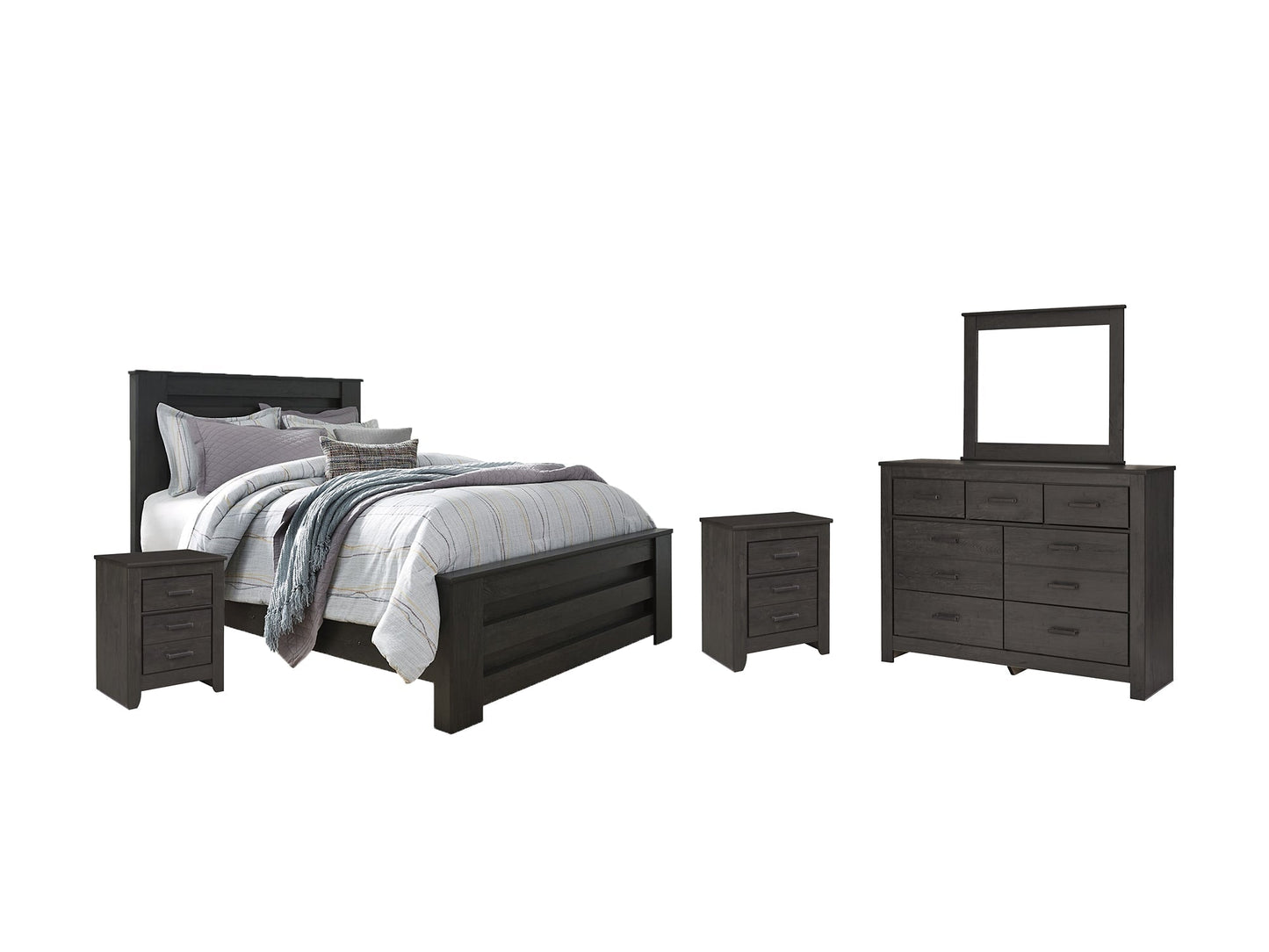 Brinxton Queen Panel Bed with Mirrored Dresser and 2 Nightstands at Towne & Country Furniture (AL) furniture, home furniture, home decor, sofa, bedding