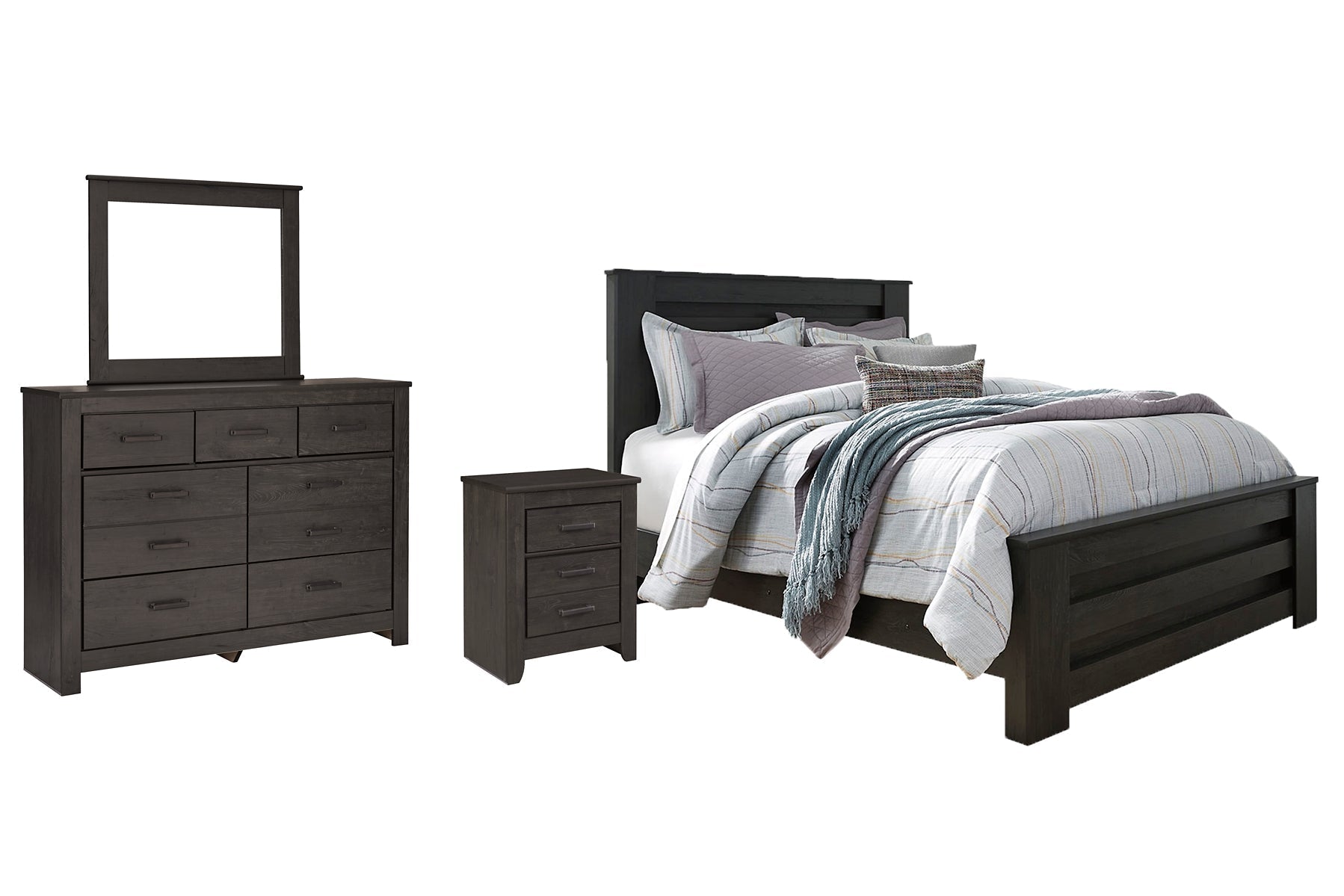 Brinxton Queen Panel Bed with Mirrored Dresser and Nightstand at Towne & Country Furniture (AL) furniture, home furniture, home decor, sofa, bedding
