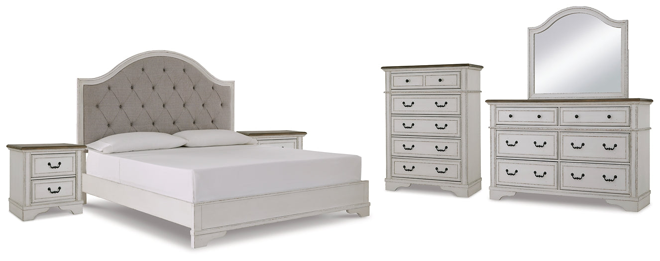 Brollyn King Upholstered Panel Bed with Mirrored Dresser, Chest and 2 Nightstands at Towne & Country Furniture (AL) furniture, home furniture, home decor, sofa, bedding