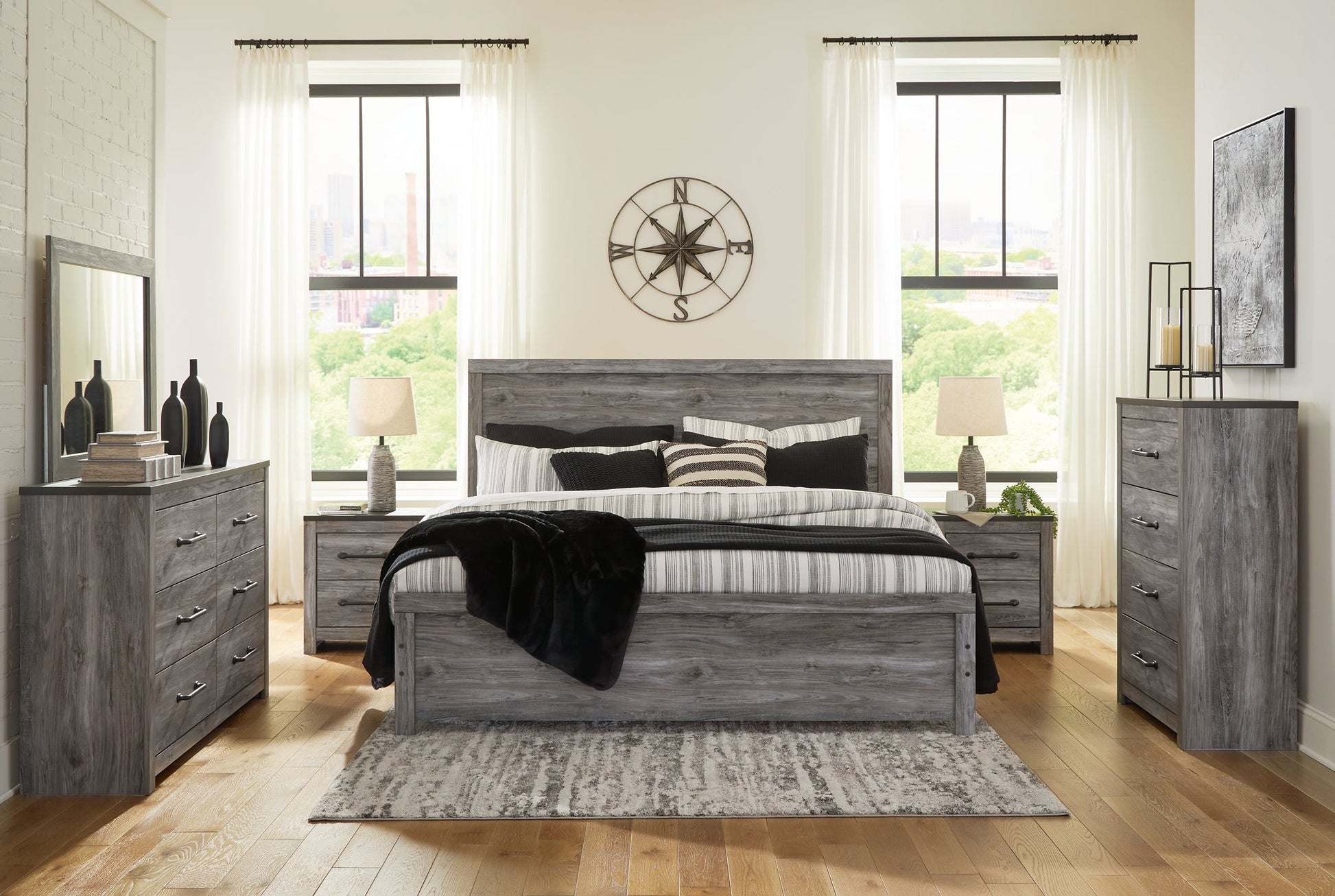 Bronyan King Panel Bed with Mirrored Dresser, Chest and 2 Nightstands at Towne & Country Furniture (AL) furniture, home furniture, home decor, sofa, bedding