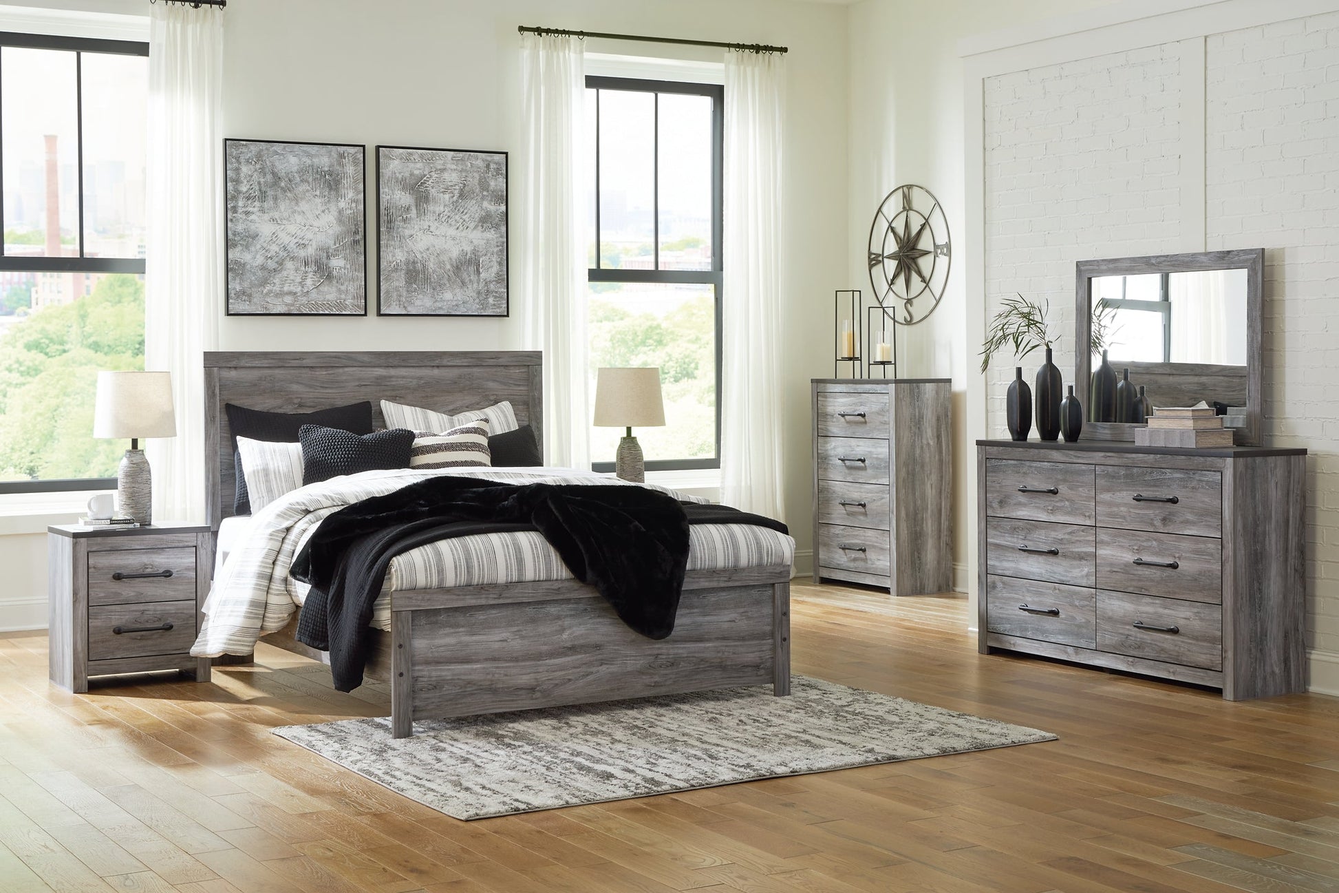 Bronyan Queen Panel Bed with Mirrored Dresser and 2 Nightstands at Towne & Country Furniture (AL) furniture, home furniture, home decor, sofa, bedding