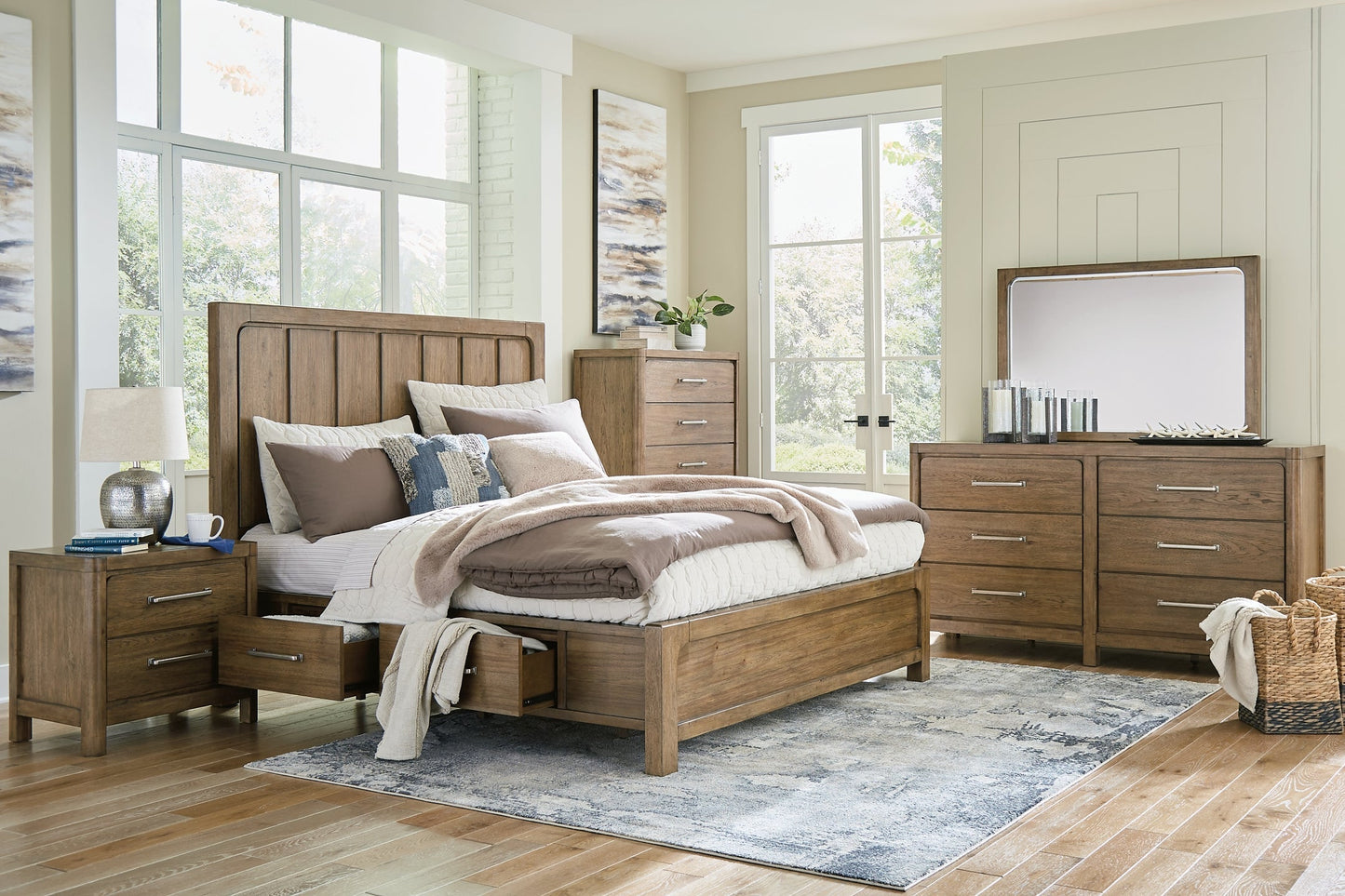 Cabalynn California King Panel Bed with Storage with Mirrored Dresser, Chest and Nightstand at Towne & Country Furniture (AL) furniture, home furniture, home decor, sofa, bedding