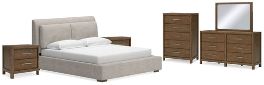 Cabalynn California King Upholstered Bed with Mirrored Dresser, Chest and 2 Nightstands at Towne & Country Furniture (AL) furniture, home furniture, home decor, sofa, bedding