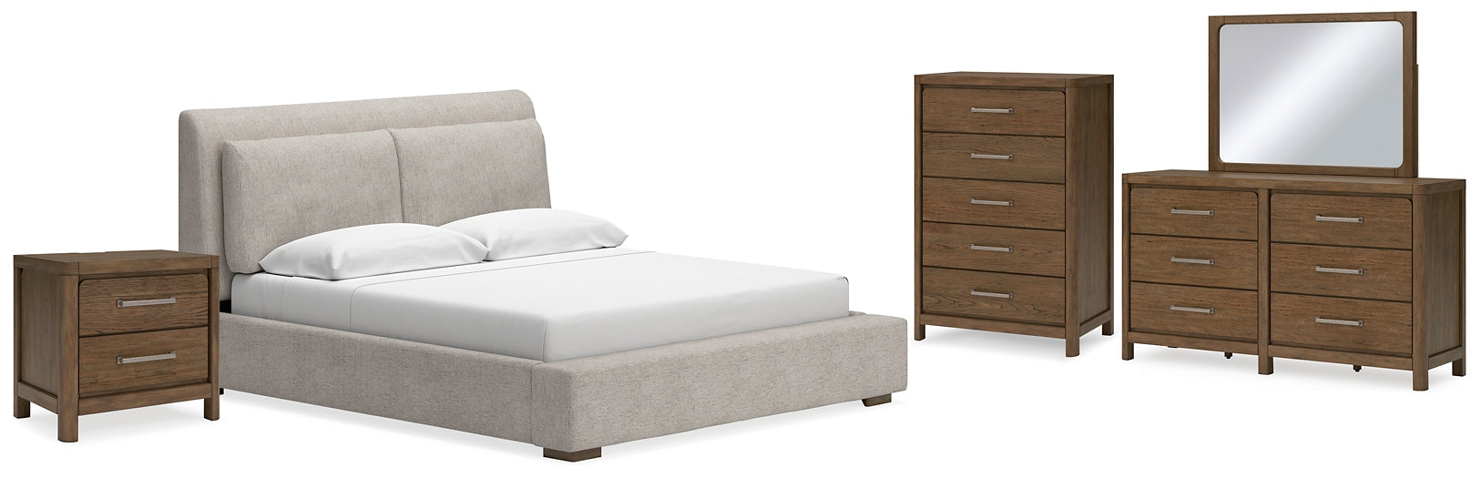 Cabalynn California King Upholstered Bed with Mirrored Dresser, Chest and Nightstand at Towne & Country Furniture (AL) furniture, home furniture, home decor, sofa, bedding