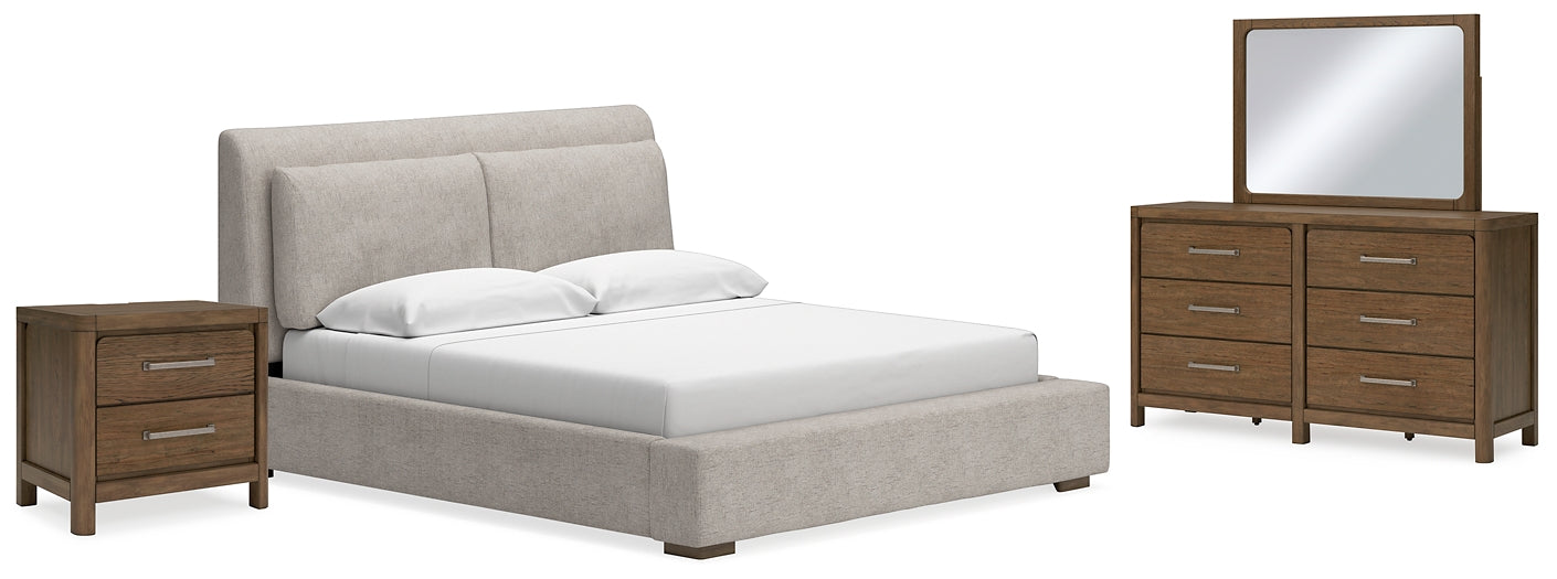 Cabalynn California King Upholstered Bed with Mirrored Dresser and Nightstand at Towne & Country Furniture (AL) furniture, home furniture, home decor, sofa, bedding