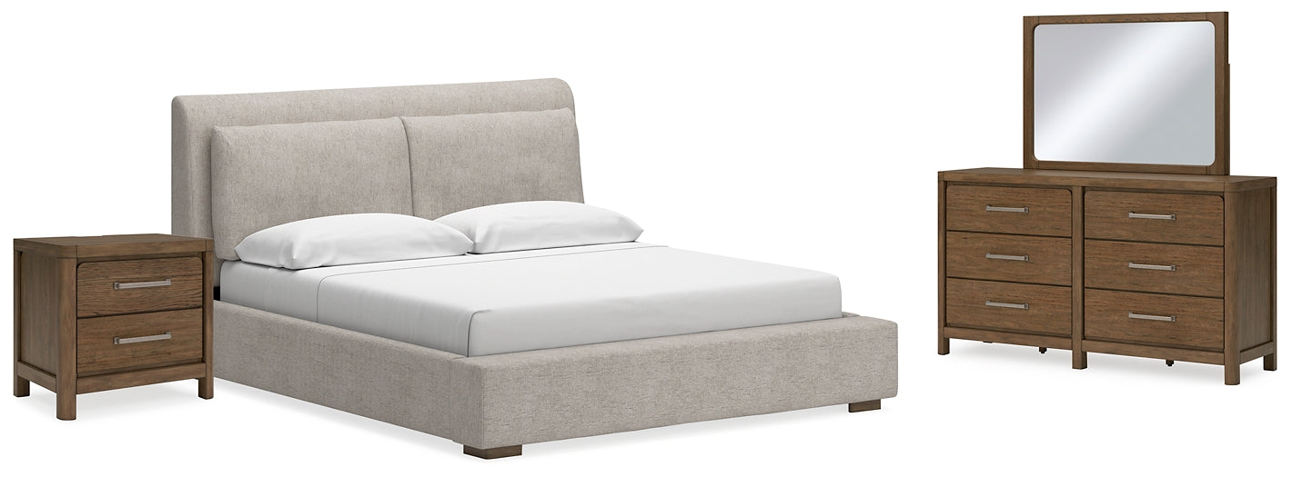Cabalynn King Upholstered Bed with Mirrored Dresser and Nightstand at Towne & Country Furniture (AL) furniture, home furniture, home decor, sofa, bedding