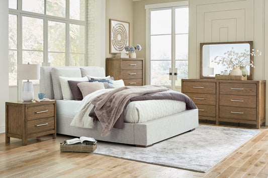 Cabalynn Queen Upholstered Bed with Mirrored Dresser, Chest and 2 Nightstands at Towne & Country Furniture (AL) furniture, home furniture, home decor, sofa, bedding