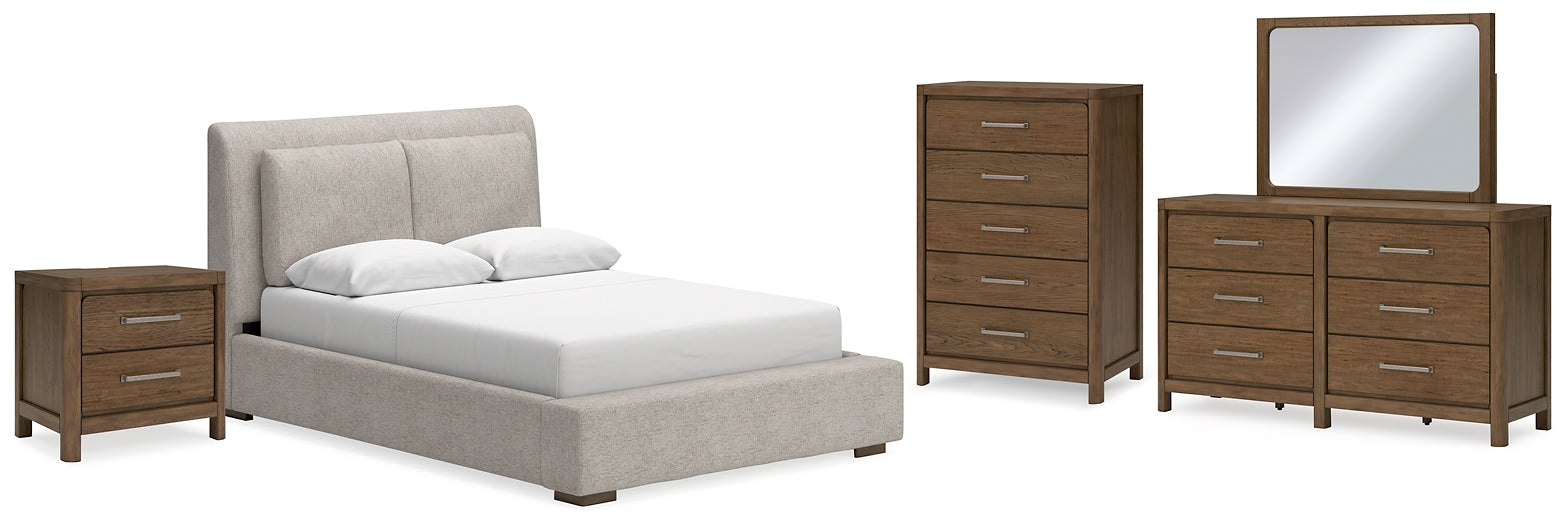 Cabalynn Queen Upholstered Bed with Mirrored Dresser, Chest and Nightstand at Towne & Country Furniture (AL) furniture, home furniture, home decor, sofa, bedding