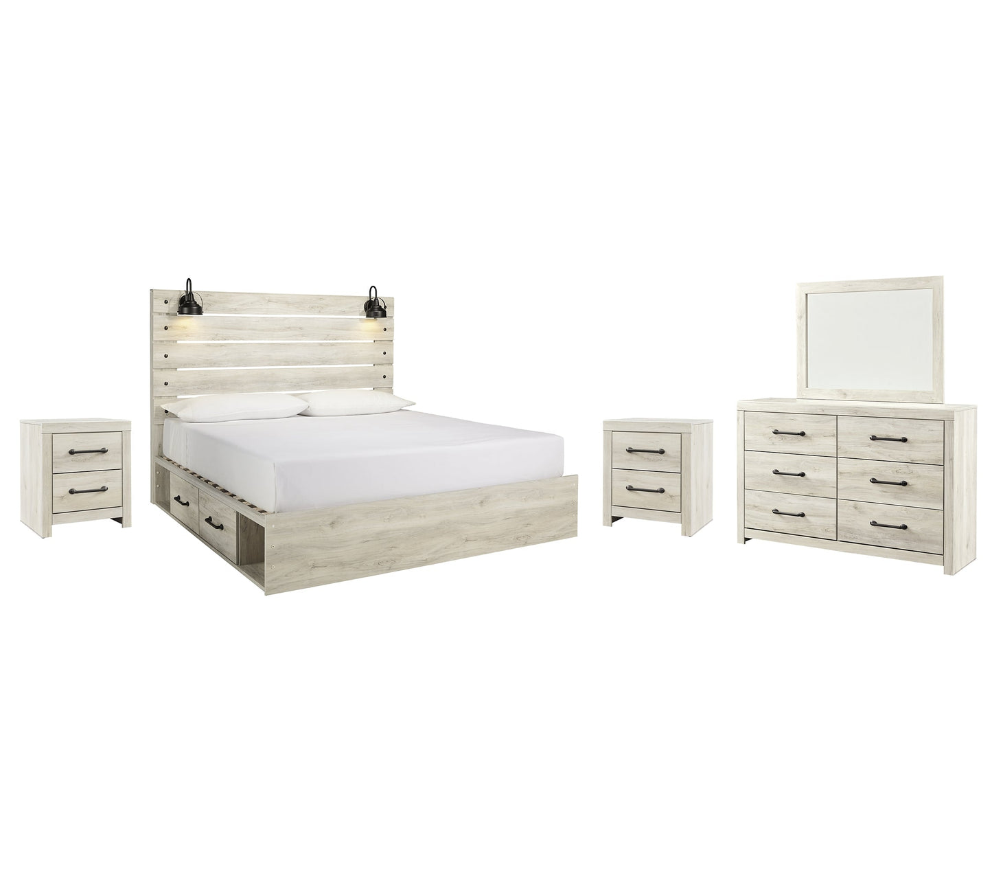 Cambeck King Panel Bed with 4 Storage Drawers with Mirrored Dresser and 2 Nightstands at Towne & Country Furniture (AL) furniture, home furniture, home decor, sofa, bedding