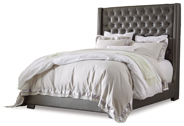 Coralayne California King Upholstered Bed with Mirrored Dresser and 2 Nightstands at Towne & Country Furniture (AL) furniture, home furniture, home decor, sofa, bedding