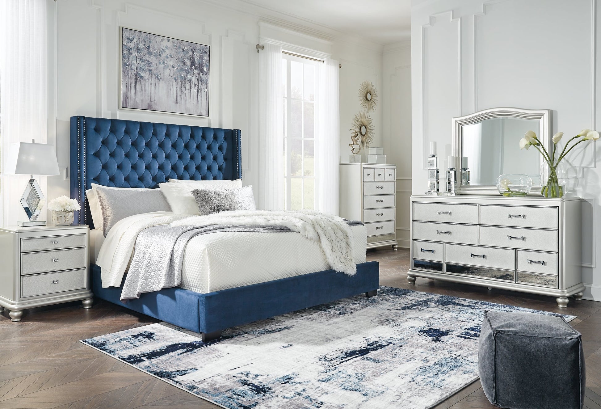 Coralayne California King Upholstered Bed with Mirrored Dresser and Chest at Towne & Country Furniture (AL) furniture, home furniture, home decor, sofa, bedding