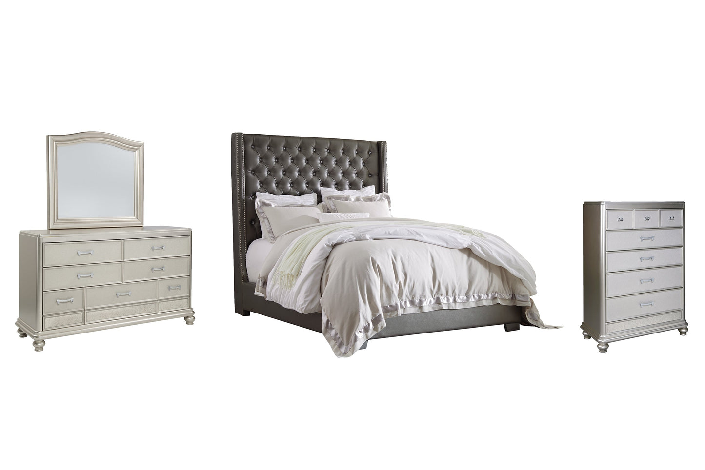 Coralayne Queen Upholstered Bed with Mirrored Dresser and Chest at Towne & Country Furniture (AL) furniture, home furniture, home decor, sofa, bedding