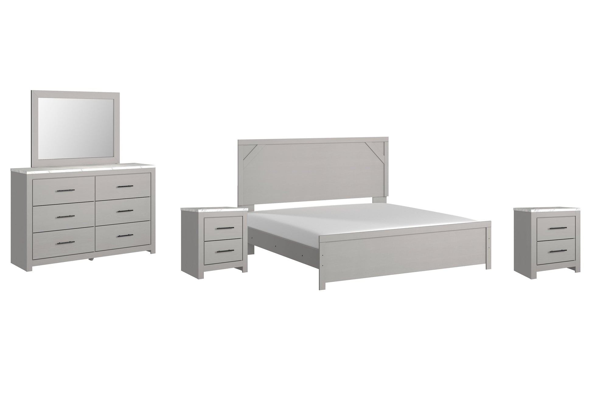Cottonburg King Panel Bed with Mirrored Dresser and 2 Nightstands at Towne & Country Furniture (AL) furniture, home furniture, home decor, sofa, bedding