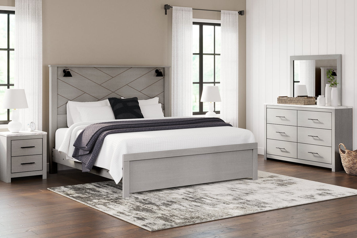 Cottonburg King Panel Bed with Mirrored Dresser at Towne & Country Furniture (AL) furniture, home furniture, home decor, sofa, bedding