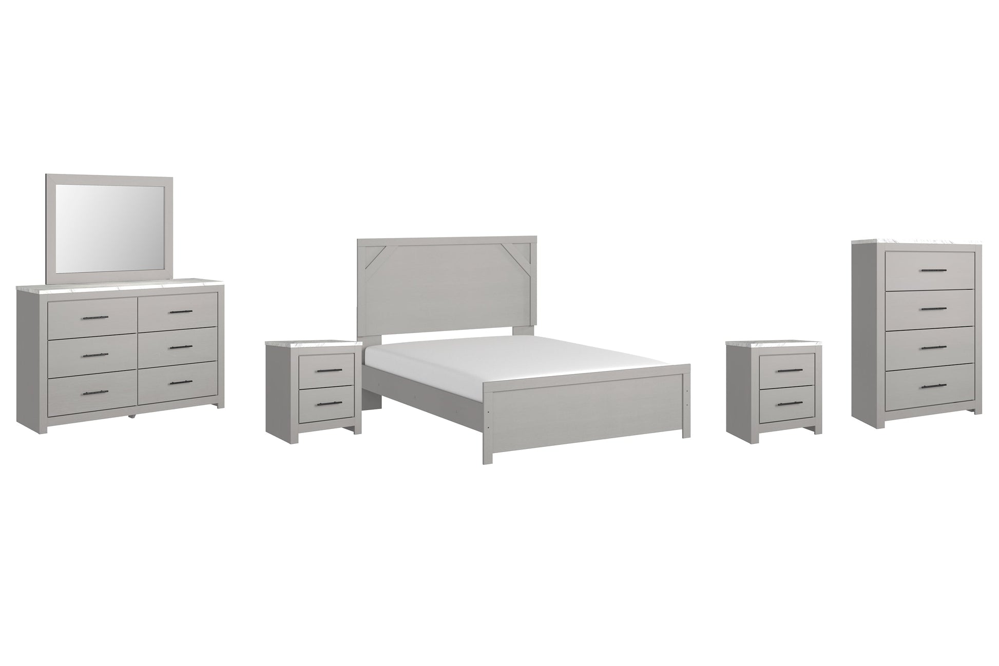 Cottonburg Queen Panel Bed with Mirrored Dresser, Chest and 2 Nightstands at Towne & Country Furniture (AL) furniture, home furniture, home decor, sofa, bedding