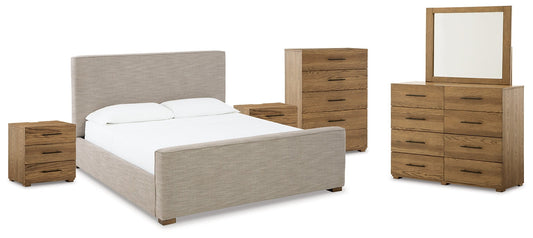 Dakmore California King Upholstered Bed with Mirrored Dresser, Chest and 2 Nightstands at Towne & Country Furniture (AL) furniture, home furniture, home decor, sofa, bedding