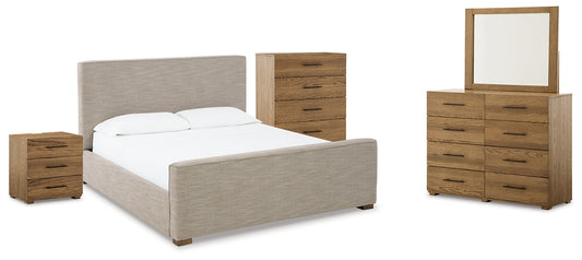 Dakmore California King Upholstered Bed with Mirrored Dresser, Chest and Nightstand at Towne & Country Furniture (AL) furniture, home furniture, home decor, sofa, bedding