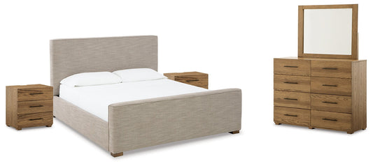 Dakmore California King Upholstered Bed with Mirrored Dresser and 2 Nightstands at Towne & Country Furniture (AL) furniture, home furniture, home decor, sofa, bedding