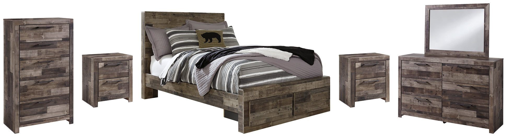 Derekson Full Panel Bed with 2 Storage Drawers with Mirrored Dresser, Chest and 2 Nightstands at Towne & Country Furniture (AL) furniture, home furniture, home decor, sofa, bedding