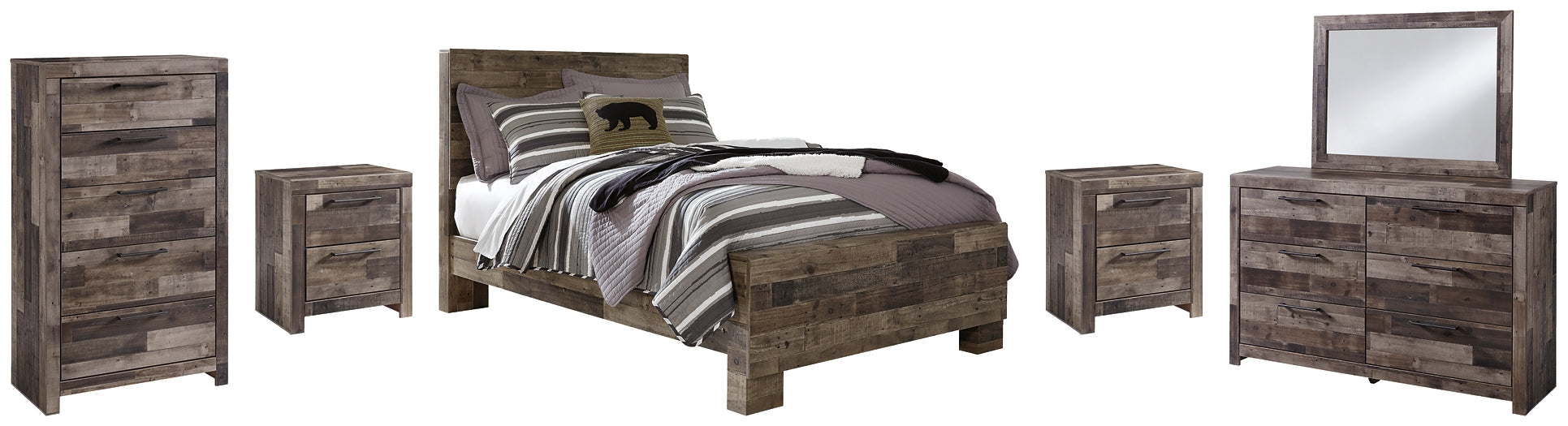 Derekson Full Panel Bed with Mirrored Dresser, Chest and 2 Nightstands at Towne & Country Furniture (AL) furniture, home furniture, home decor, sofa, bedding