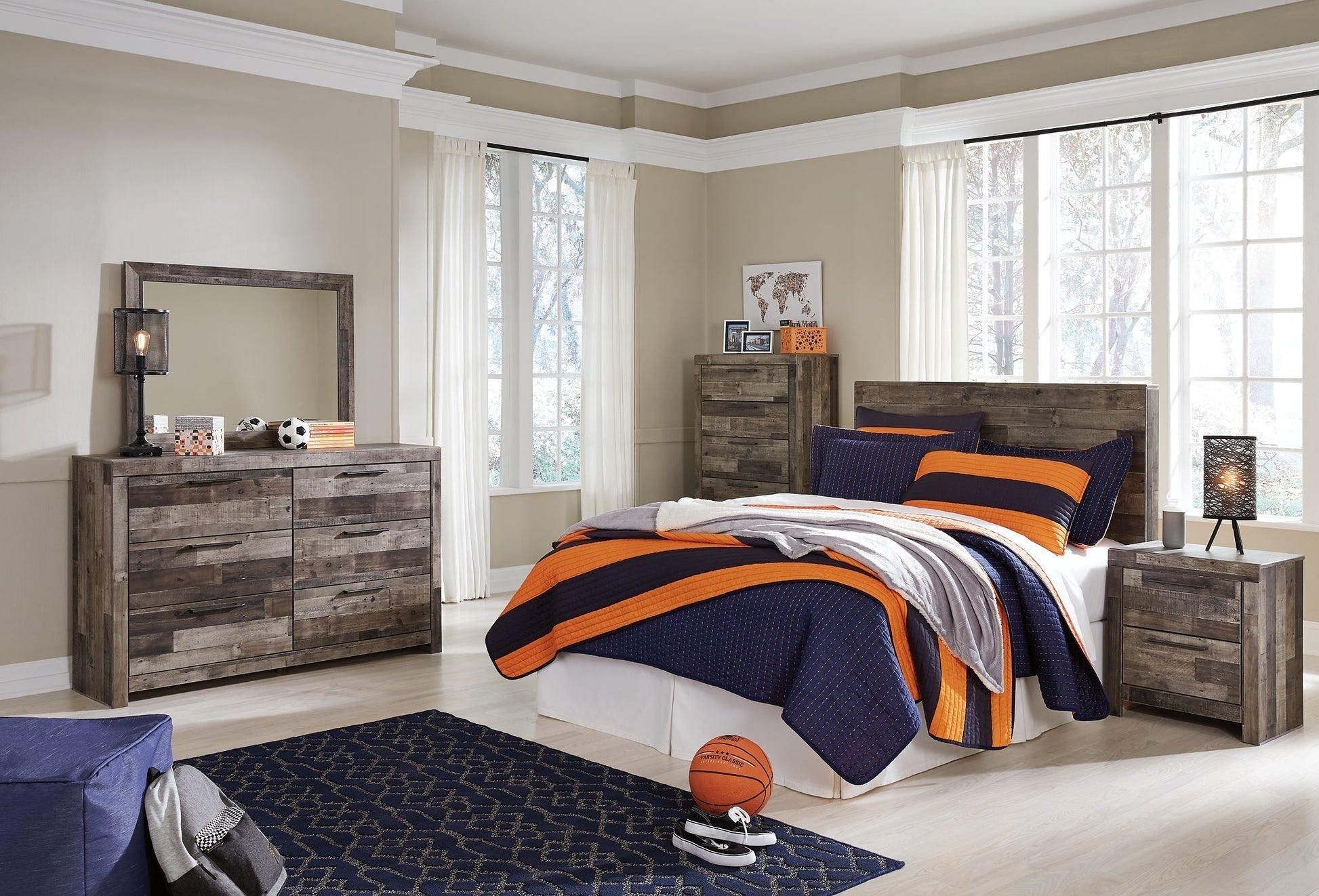 Derekson Full Panel Headboard with Mirrored Dresser, Chest and Nightstand at Towne & Country Furniture (AL) furniture, home furniture, home decor, sofa, bedding