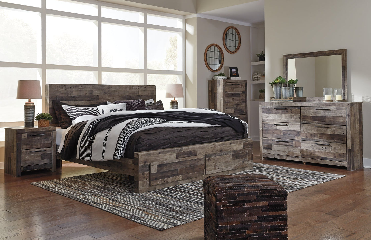 Derekson King Panel Bed with 2 Storage Drawers with Mirrored Dresser, Chest and 2 Nightstands at Towne & Country Furniture (AL) furniture, home furniture, home decor, sofa, bedding