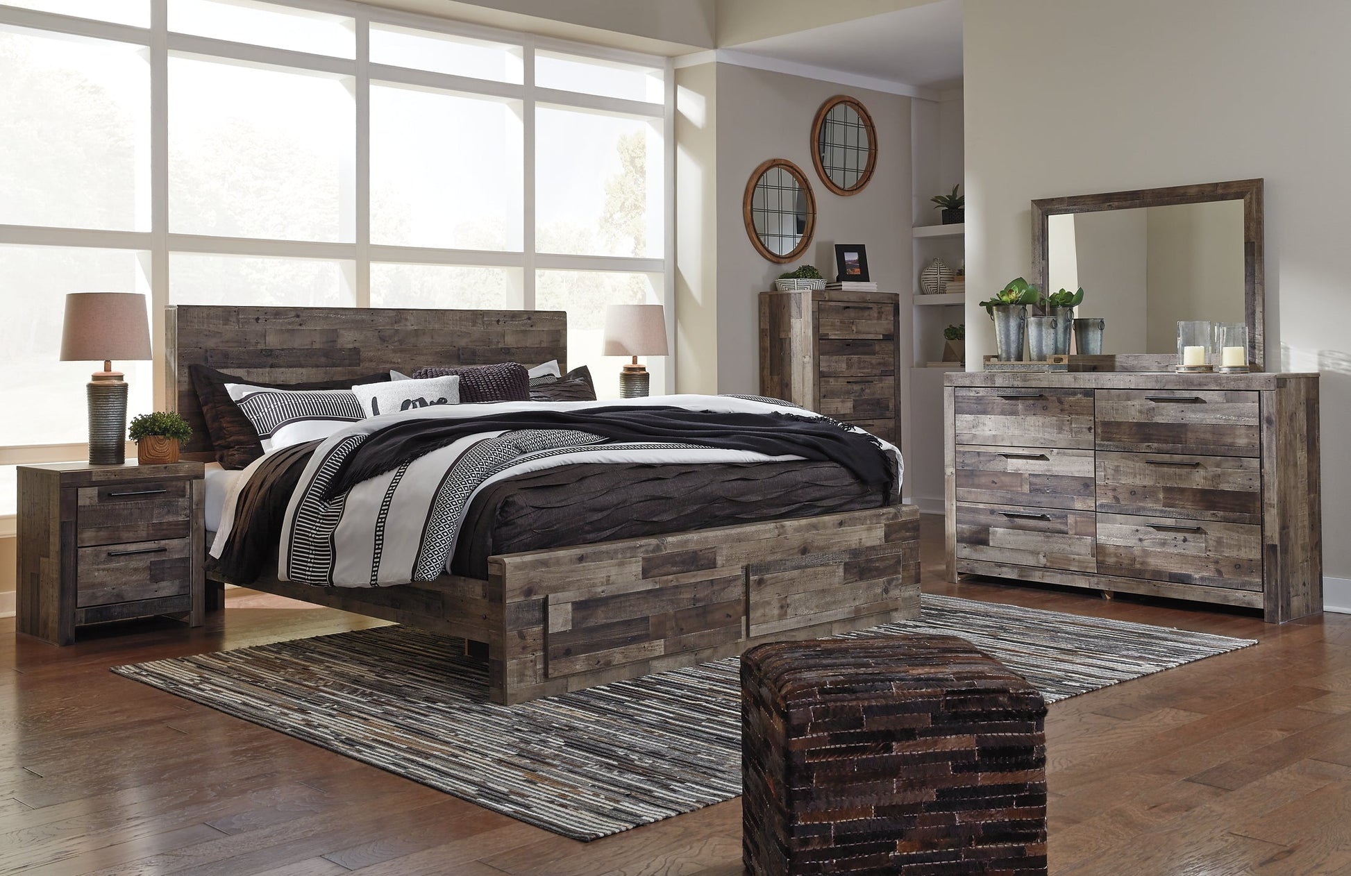 Derekson King Panel Bed with 2 Storage Drawers with Mirrored Dresser, Chest and 2 Nightstands at Towne & Country Furniture (AL) furniture, home furniture, home decor, sofa, bedding