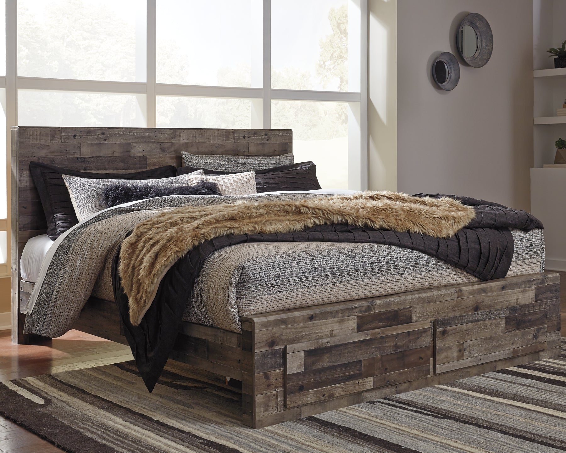 Derekson King Panel Bed with 2 Storage Drawers with Mirrored Dresser and Chest at Towne & Country Furniture (AL) furniture, home furniture, home decor, sofa, bedding