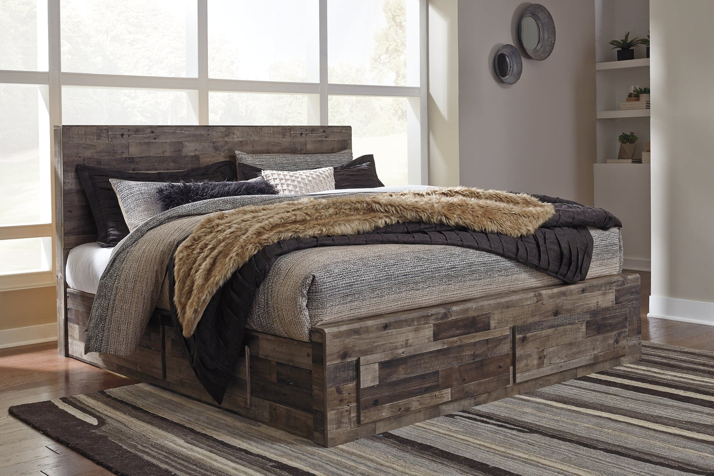 Derekson King Panel Bed with 4 Storage Drawers with Mirrored Dresser at Towne & Country Furniture (AL) furniture, home furniture, home decor, sofa, bedding