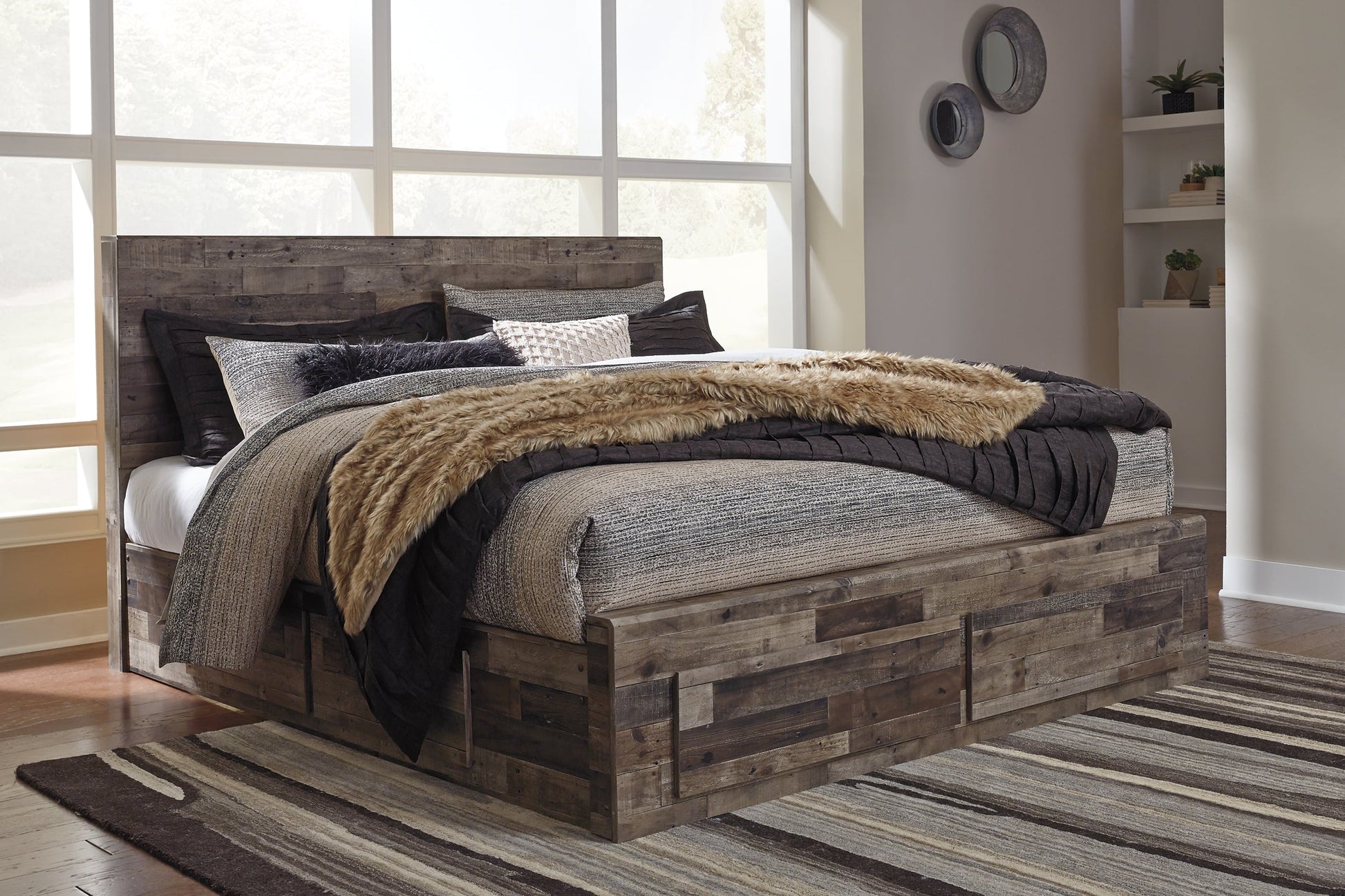 Derekson King Panel Bed with 6 Storage Drawers with Mirrored Dresser and 2 Nightstands at Towne & Country Furniture (AL) furniture, home furniture, home decor, sofa, bedding