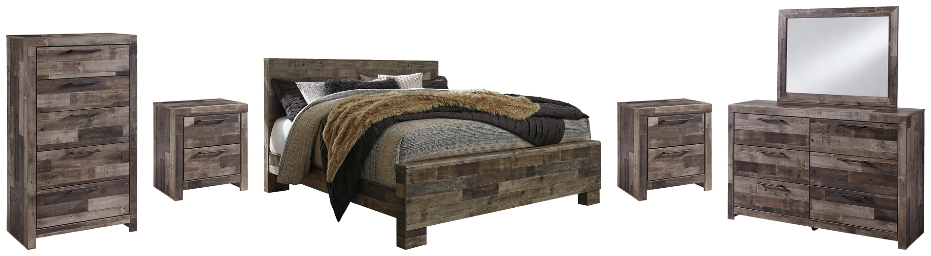 Derekson King Panel Bed with Mirrored Dresser, Chest and 2 Nightstands at Towne & Country Furniture (AL) furniture, home furniture, home decor, sofa, bedding
