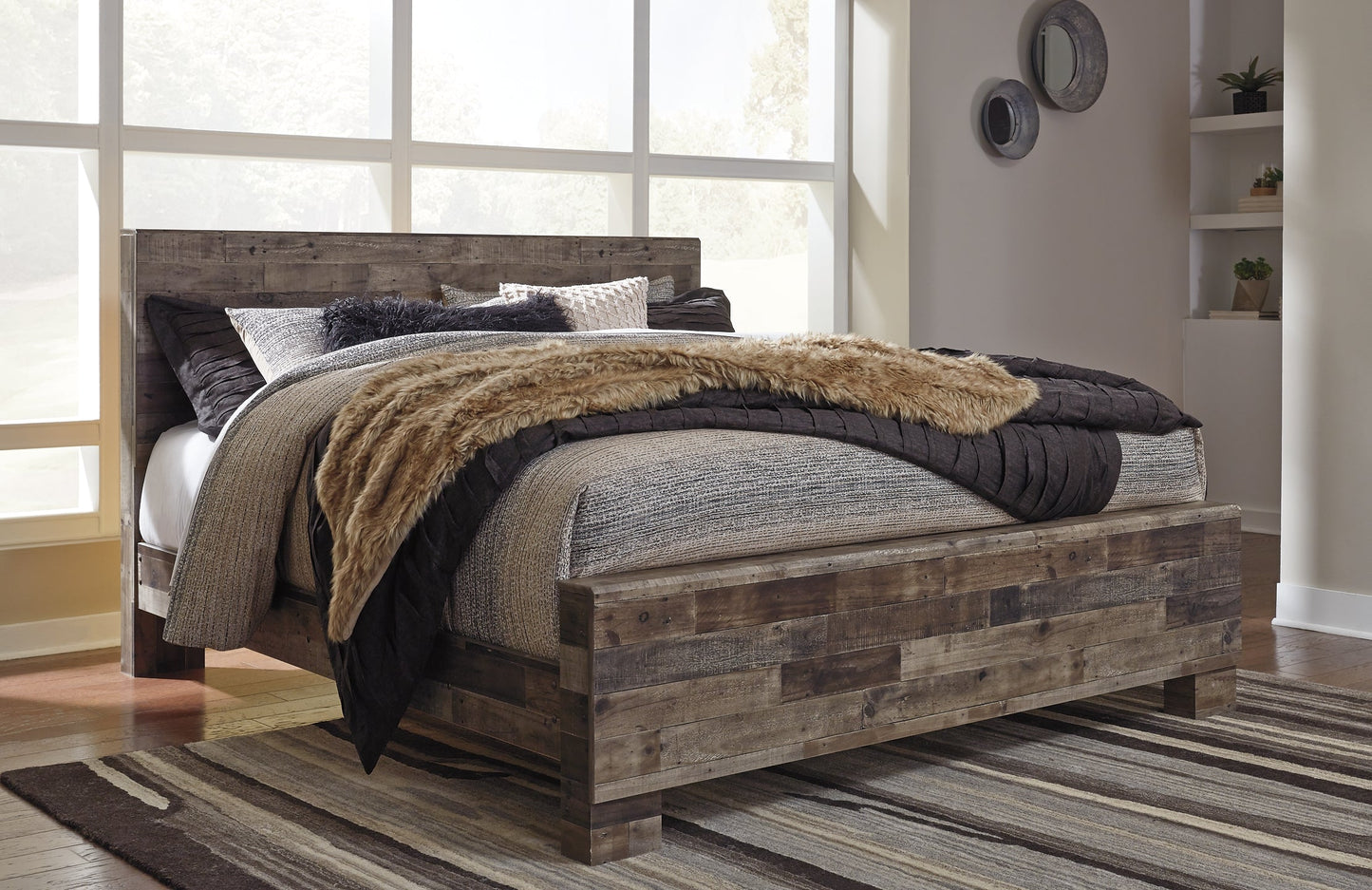 Derekson King Panel Bed with Mirrored Dresser, Chest and Nightstand at Towne & Country Furniture (AL) furniture, home furniture, home decor, sofa, bedding