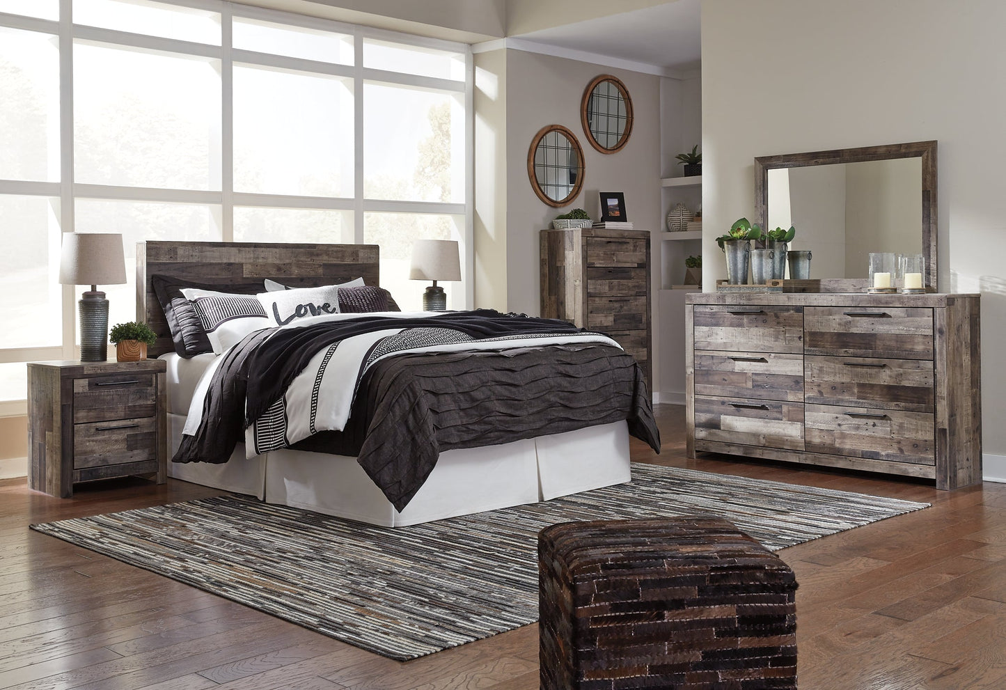 Derekson Queen/Full Panel Headboard with Mirrored Dresser, Chest and Nightstand at Towne & Country Furniture (AL) furniture, home furniture, home decor, sofa, bedding