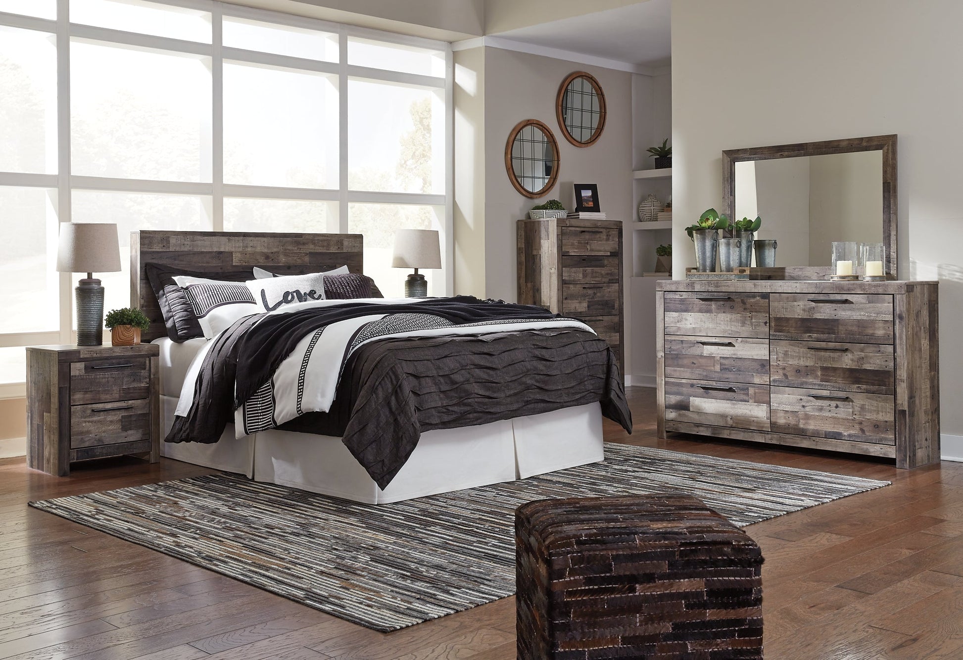 Derekson Queen/Full Panel Headboard with Mirrored Dresser, Chest and Nightstand at Towne & Country Furniture (AL) furniture, home furniture, home decor, sofa, bedding