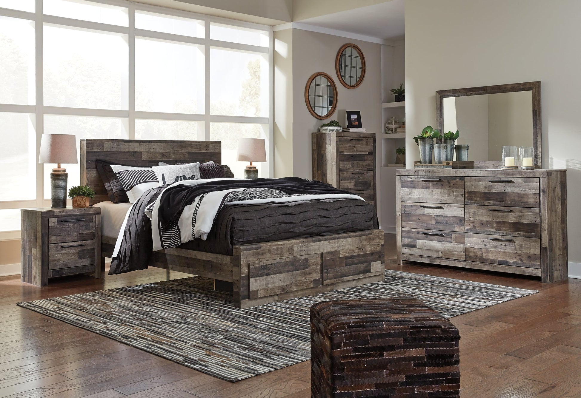 Derekson Queen Panel Bed with 2 Storage Drawers with Mirrored Dresser, Chest and 2 Nightstands at Towne & Country Furniture (AL) furniture, home furniture, home decor, sofa, bedding