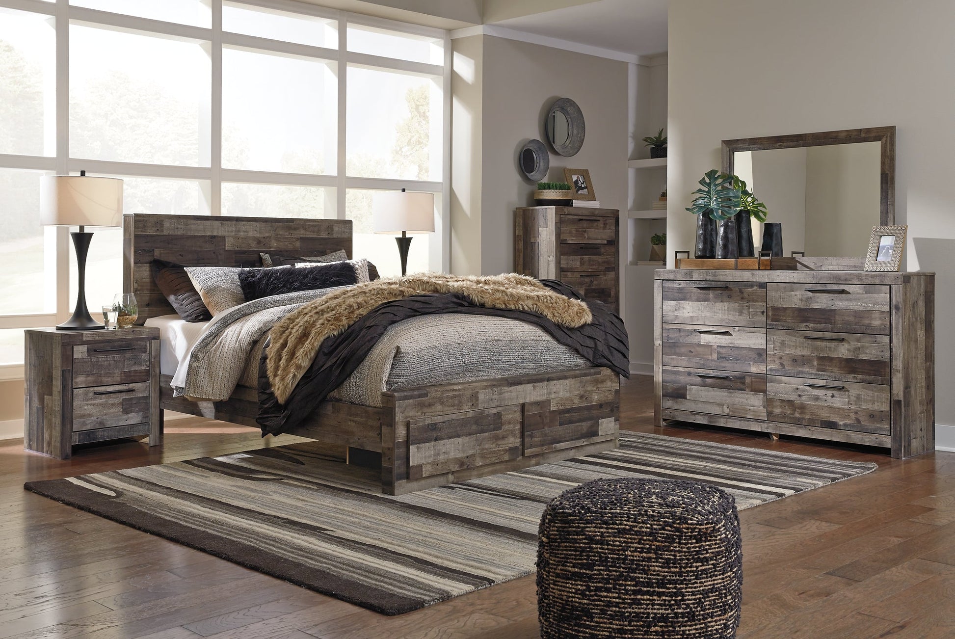 Derekson Queen Panel Bed with 2 Storage Drawers with Mirrored Dresser, Chest and 2 Nightstands at Towne & Country Furniture (AL) furniture, home furniture, home decor, sofa, bedding