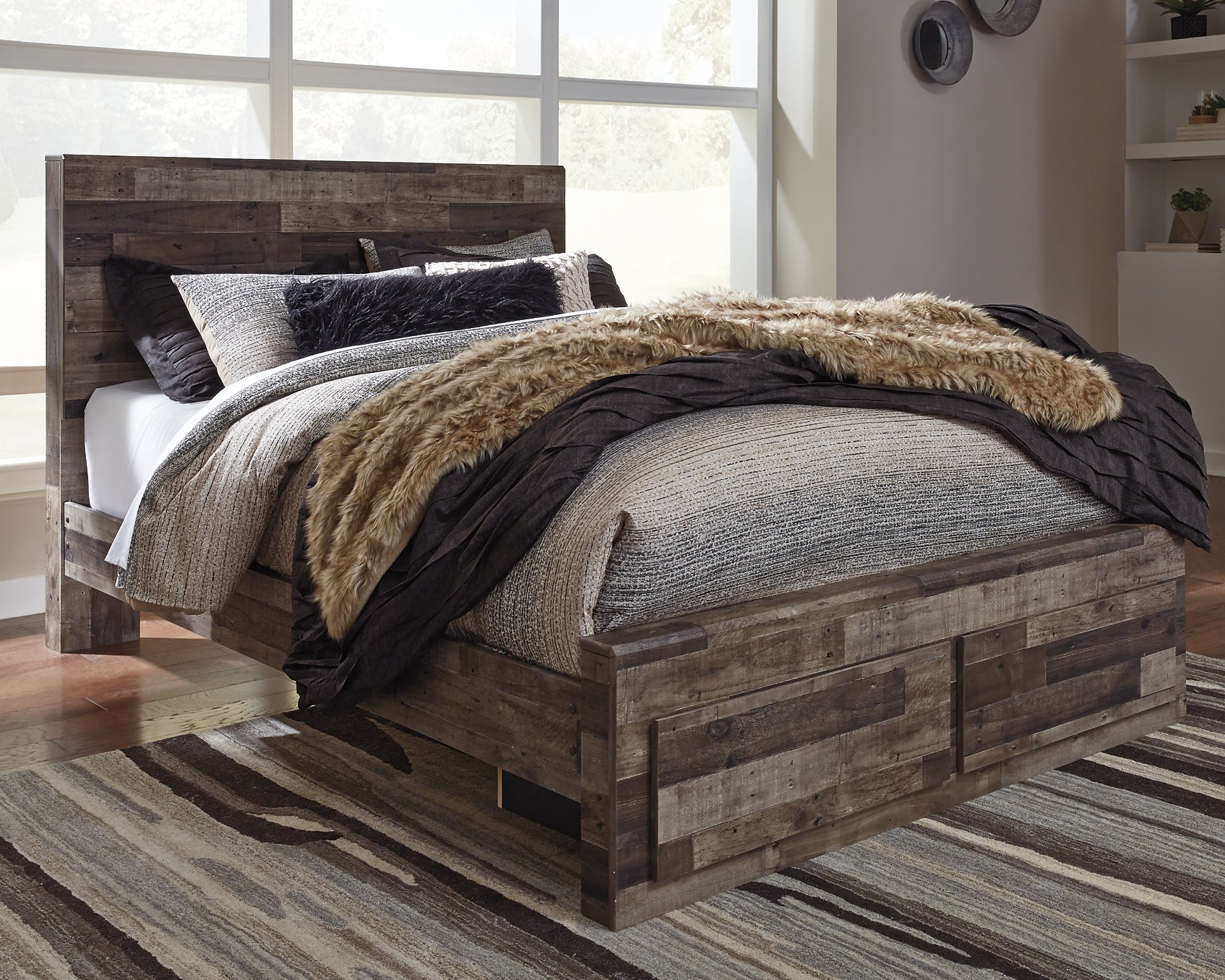Derekson Queen Panel Bed with 2 Storage Drawers with Mirrored Dresser, Chest and Nightstand at Towne & Country Furniture (AL) furniture, home furniture, home decor, sofa, bedding