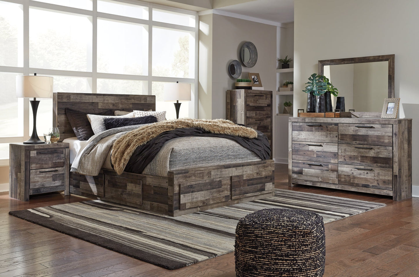 Derekson Queen Panel Bed with 4 Storage Drawers with Mirrored Dresser, Chest and Nightstand at Towne & Country Furniture (AL) furniture, home furniture, home decor, sofa, bedding