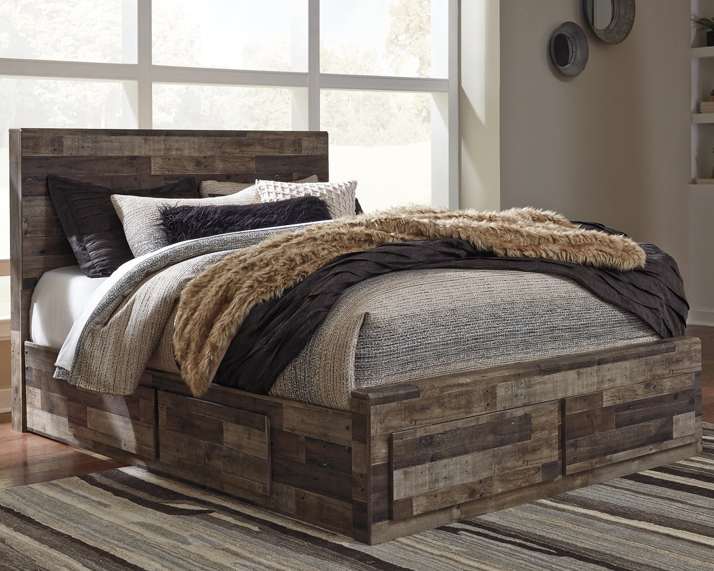 Derekson Queen Panel Bed with 4 Storage Drawers with Mirrored Dresser and Chest at Towne & Country Furniture (AL) furniture, home furniture, home decor, sofa, bedding