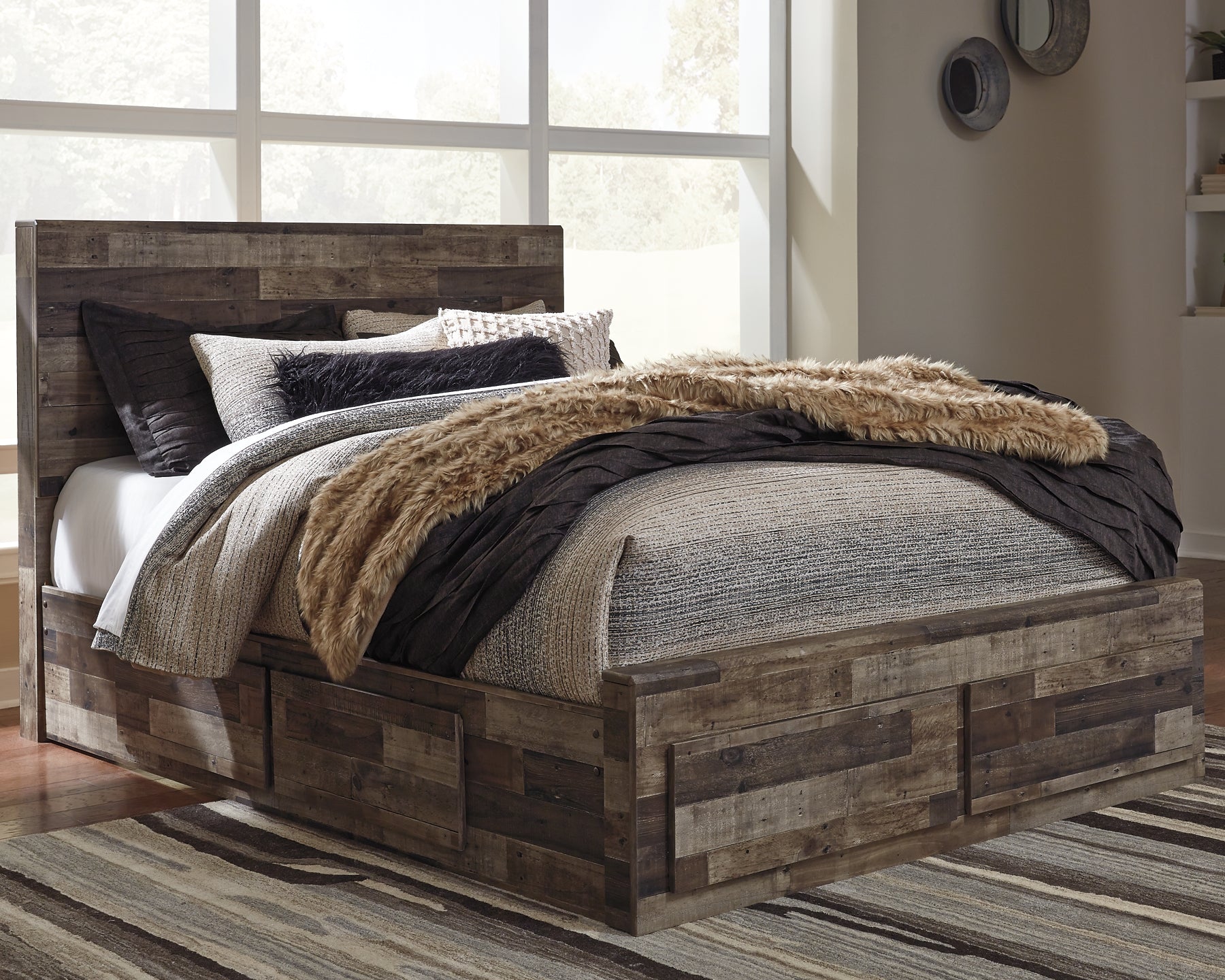 Derekson Queen Panel Bed with 4 Storage Drawers with Mirrored Dresser and Chest at Towne & Country Furniture (AL) furniture, home furniture, home decor, sofa, bedding