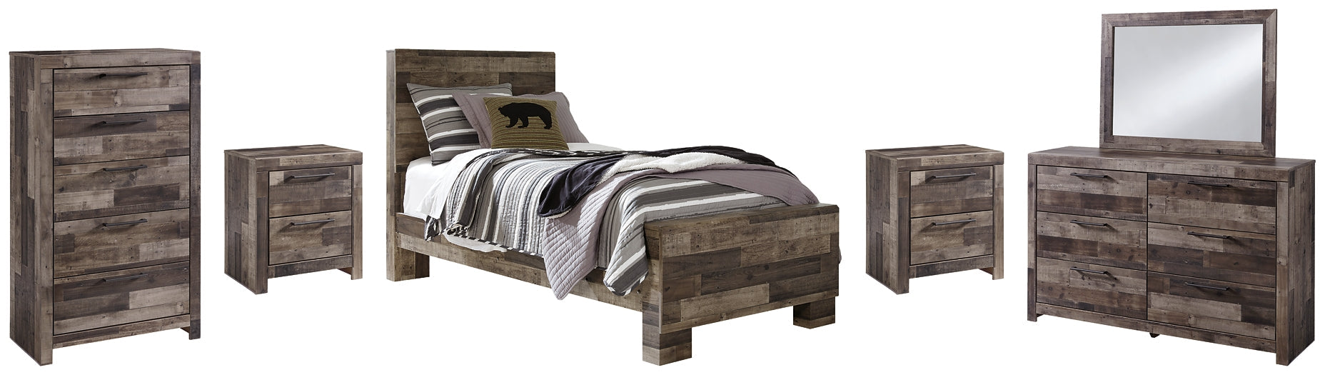 Derekson Twin Panel Bed with Mirrored Dresser, Chest and 2 Nightstands at Towne & Country Furniture (AL) furniture, home furniture, home decor, sofa, bedding