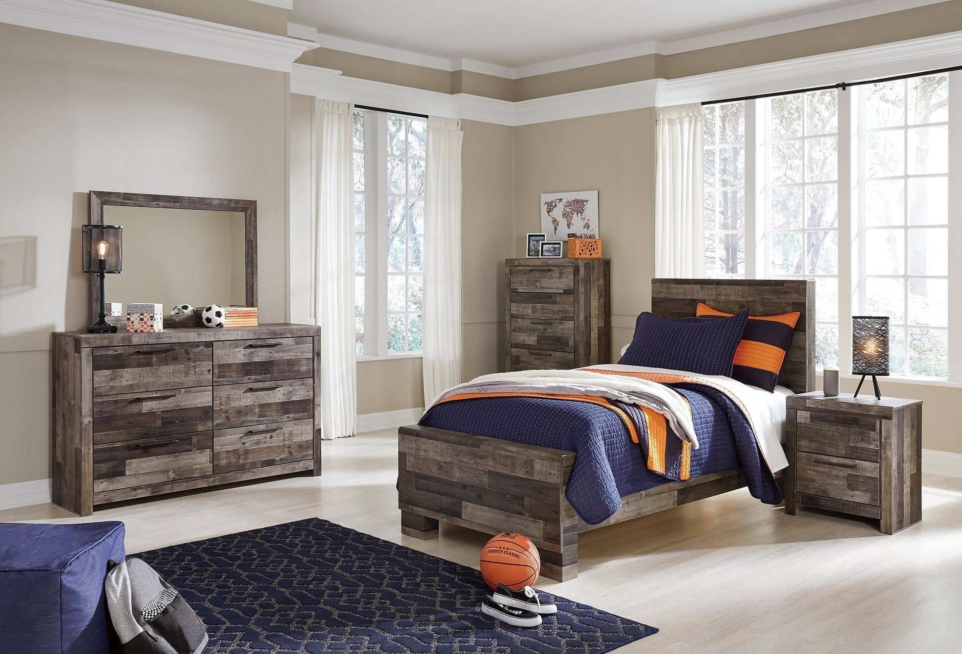 Derekson Twin Panel Bed with Mirrored Dresser, Chest and Nightstand at Towne & Country Furniture (AL) furniture, home furniture, home decor, sofa, bedding