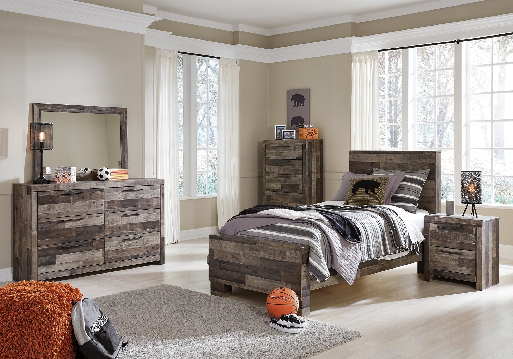 Derekson Twin Panel Bed with Mirrored Dresser, Chest and Nightstand at Towne & Country Furniture (AL) furniture, home furniture, home decor, sofa, bedding