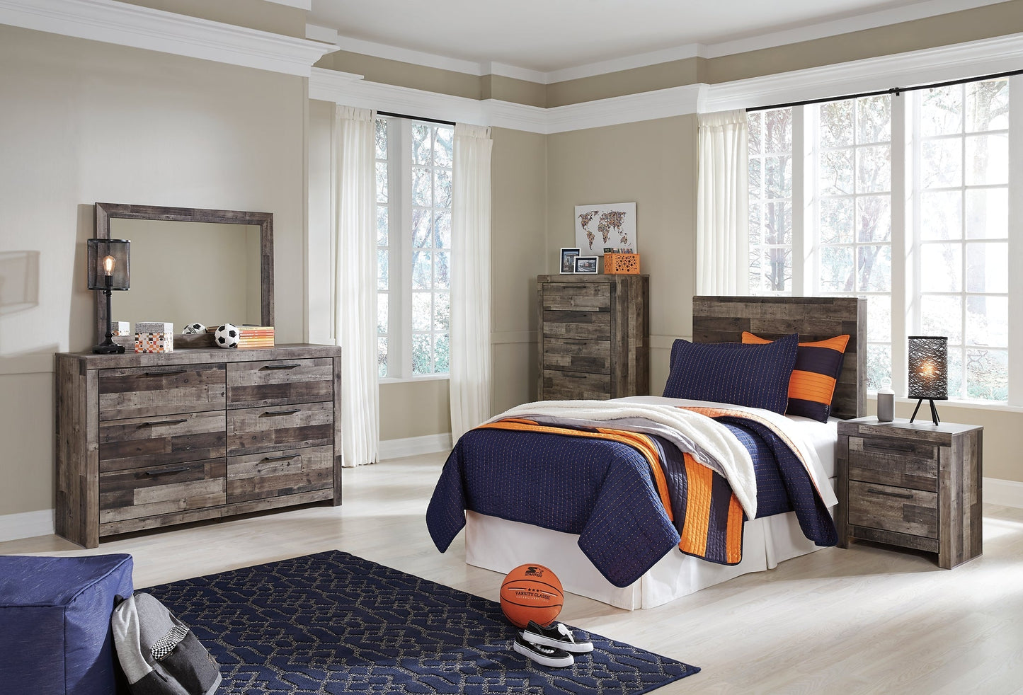 Derekson Twin Panel Headboard with Mirrored Dresser, Chest and Nightstand at Towne & Country Furniture (AL) furniture, home furniture, home decor, sofa, bedding