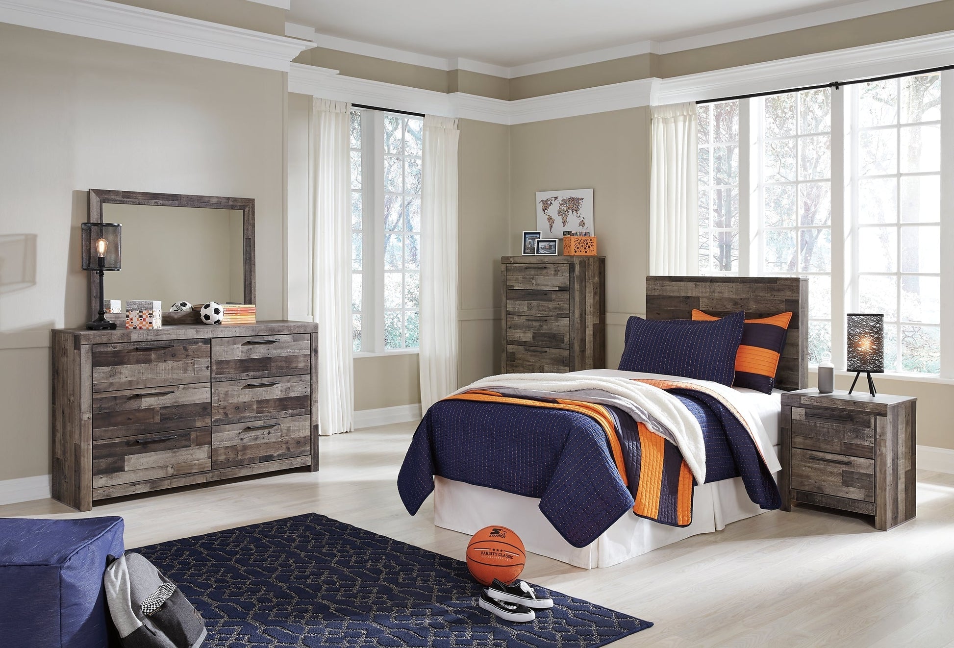 Derekson Twin Panel Headboard with Mirrored Dresser, Chest and Nightstand at Towne & Country Furniture (AL) furniture, home furniture, home decor, sofa, bedding