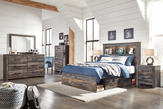 Drystan Full Bookcase Bed with 2 Storage Drawers with Mirrored Dresser, Chest and Nightstand at Towne & Country Furniture (AL) furniture, home furniture, home decor, sofa, bedding