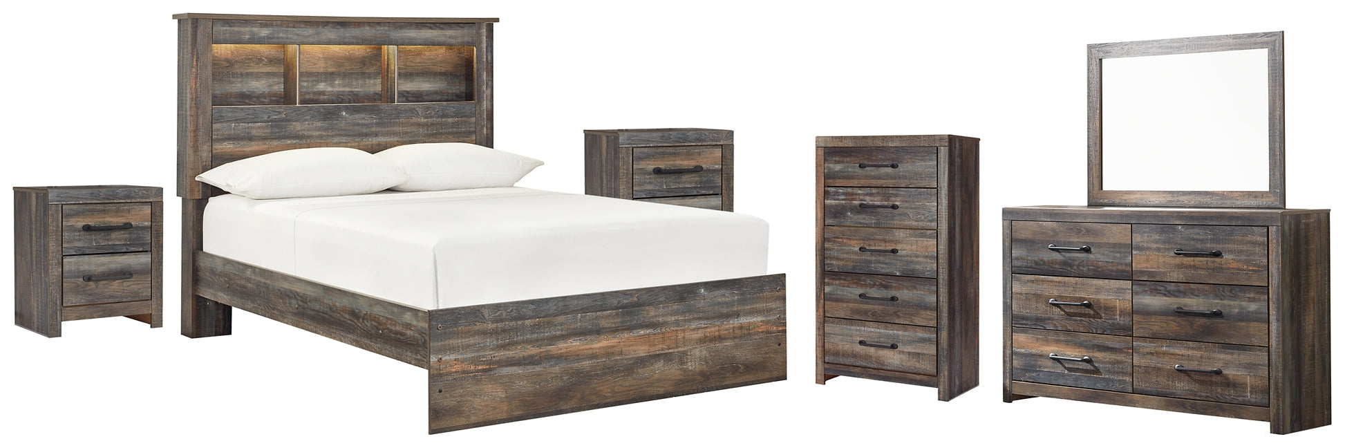 Drystan Full Bookcase Bed with Mirrored Dresser, Chest and 2 Nightstands at Towne & Country Furniture (AL) furniture, home furniture, home decor, sofa, bedding