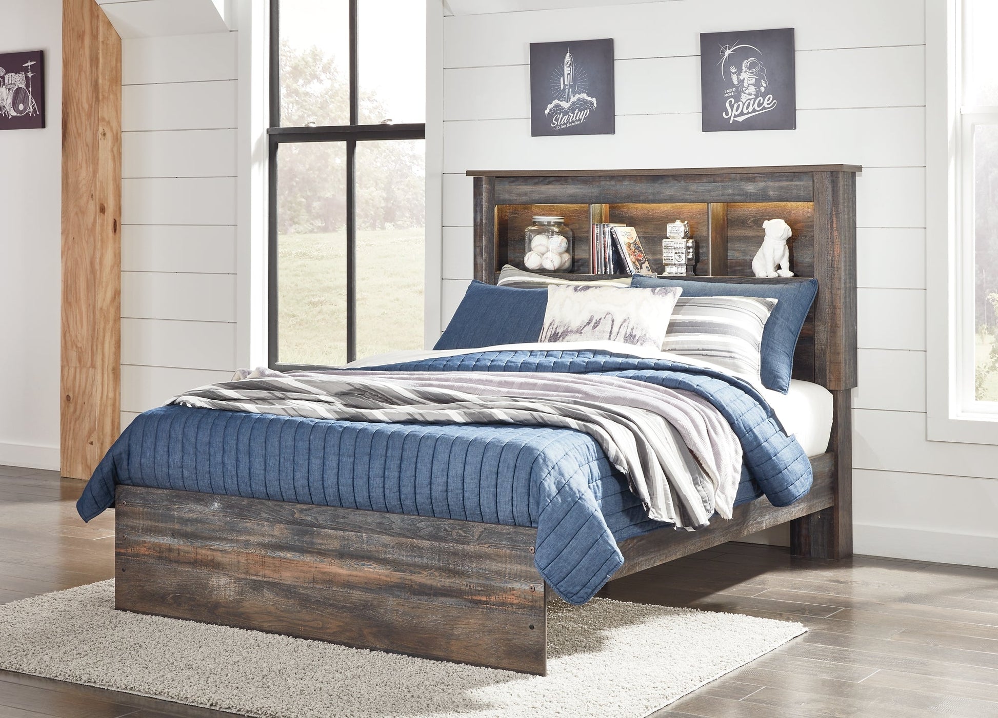 Drystan Full Bookcase Bed with Mirrored Dresser and 2 Nightstands at Towne & Country Furniture (AL) furniture, home furniture, home decor, sofa, bedding